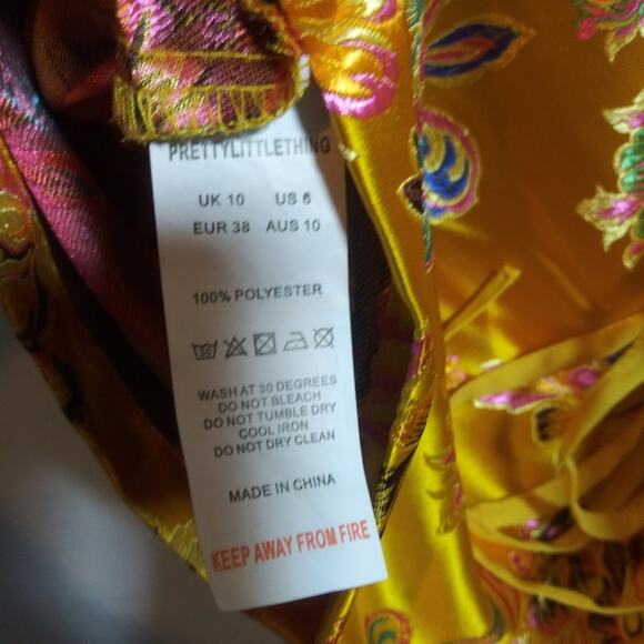 Pretty Little Thing Mustard Oriental Satin Bandeau Lace Up Dress Size 6 - Picture 6 of 8